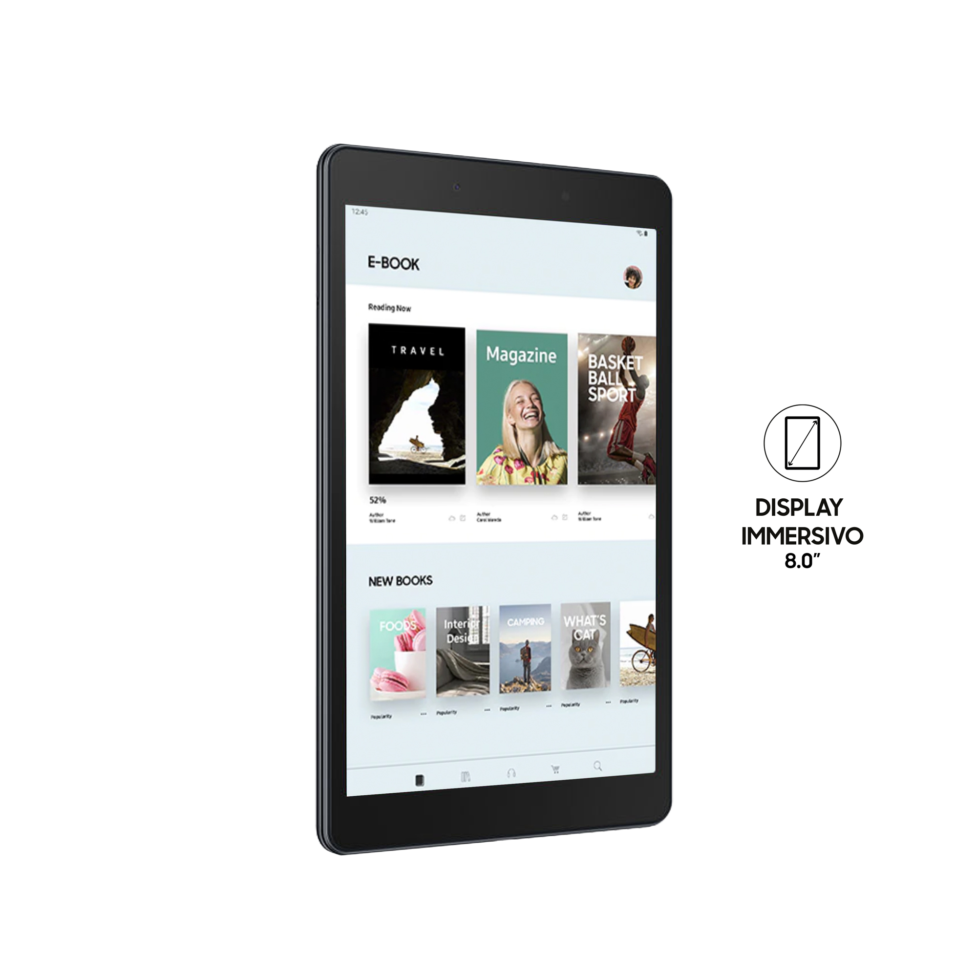 Tablet z interfejsem aplikacji do czytania z kilkoma okładkami książek.