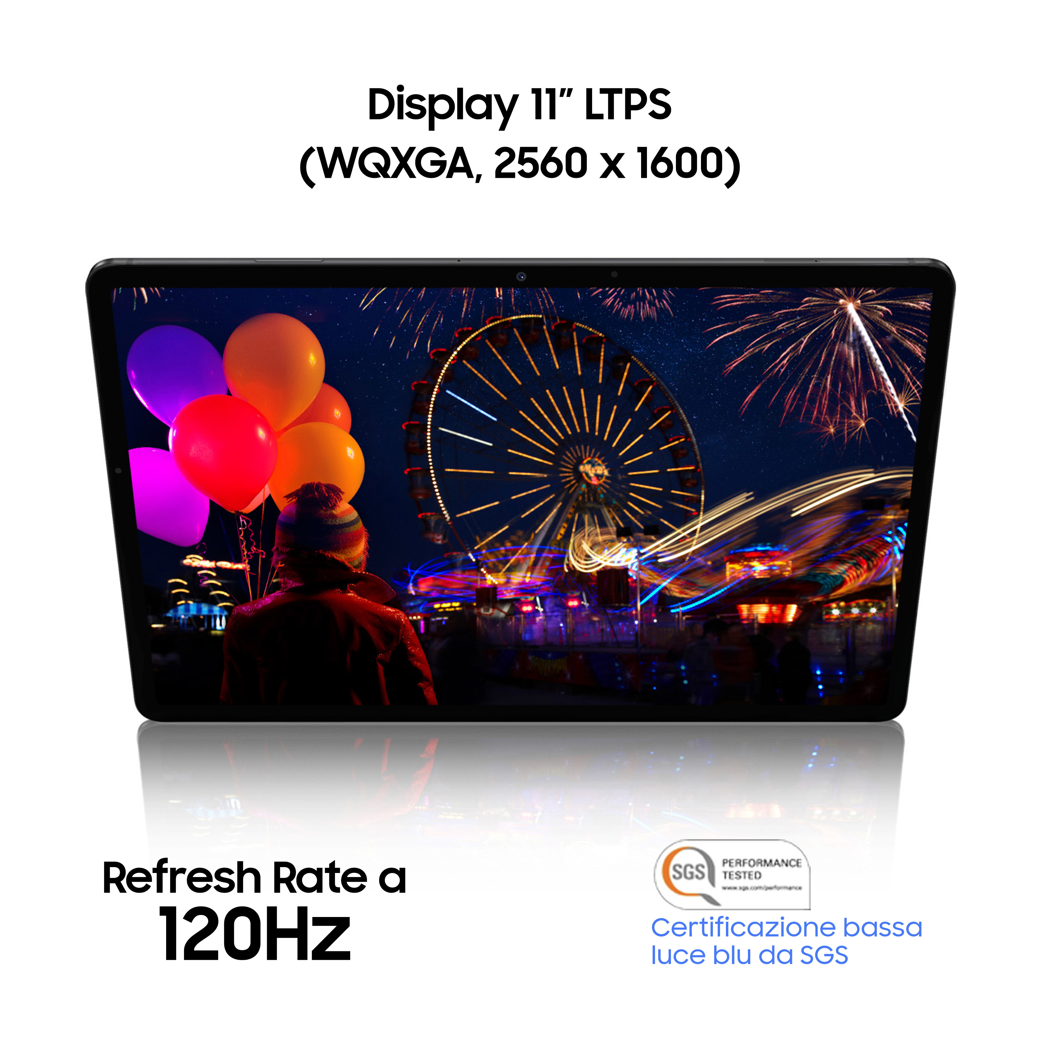 Tablet met een kleurrijke scène op het scherm. Tekst: Display 11" en Refresh Rate a 120Hz.
