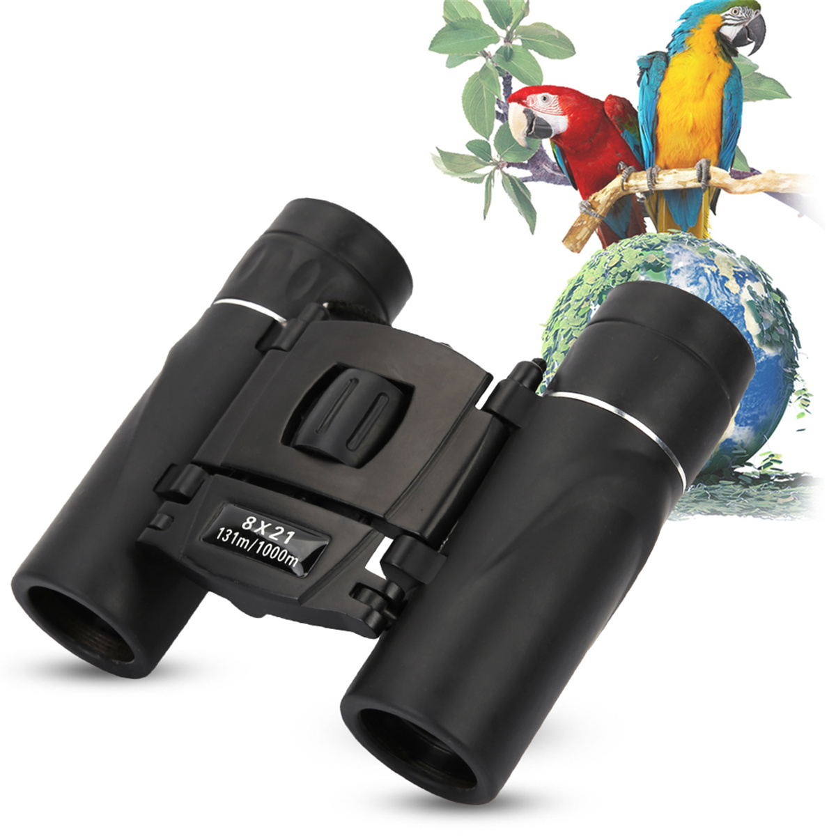 Schwarzes Fernglas mit 8X21-Etikett, mit Papageien und Erdkugel im Hintergrund.