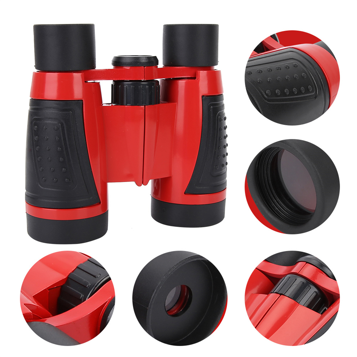 Rotes Fernglas mit schwarzen Gummi-Okularen. Nahaufnahmen der Linsen und Fokuseinstellungen.