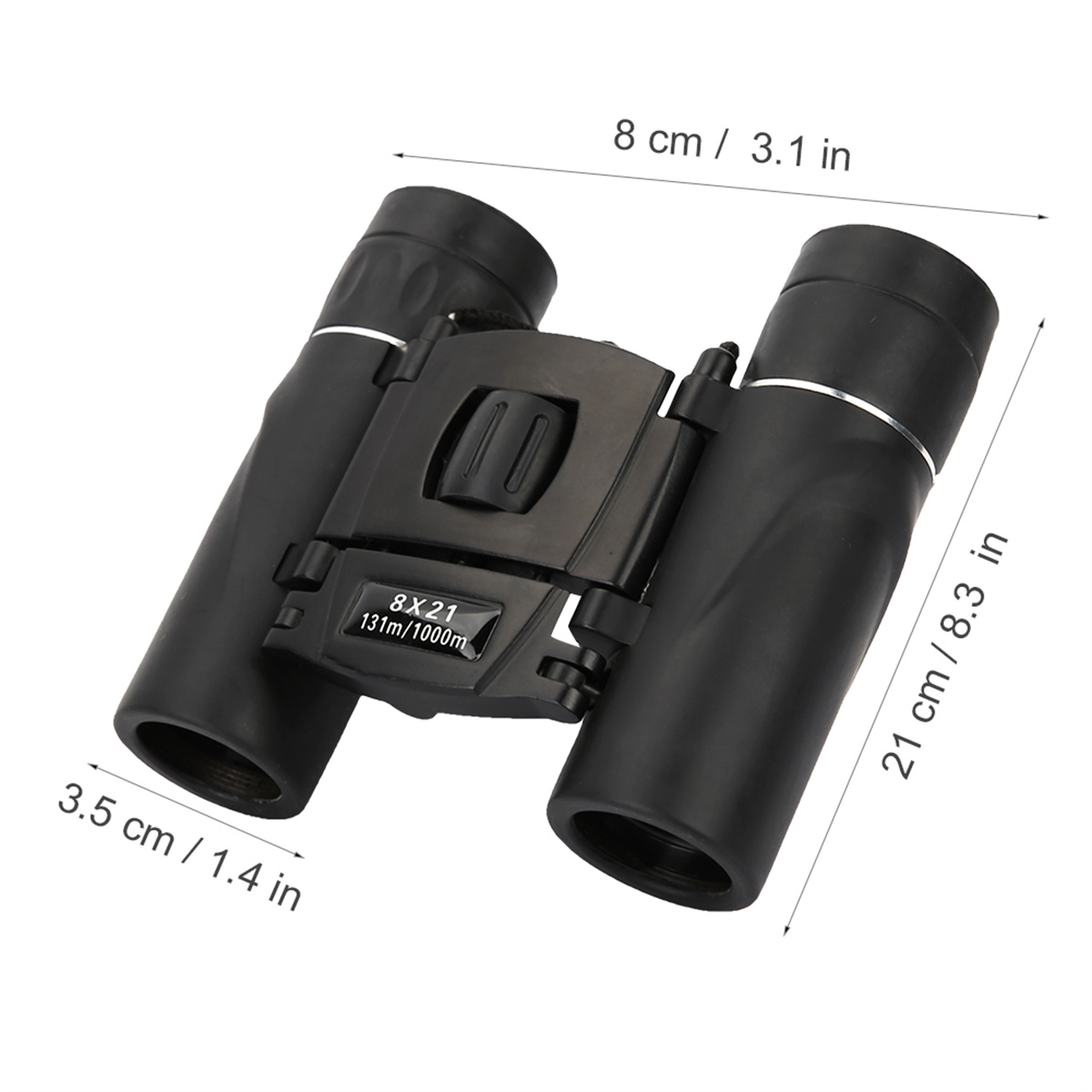 Schwarzes Fernglas mit angegebenen Abmessungen. 8x21, 131m/1000m aufgedruckt.