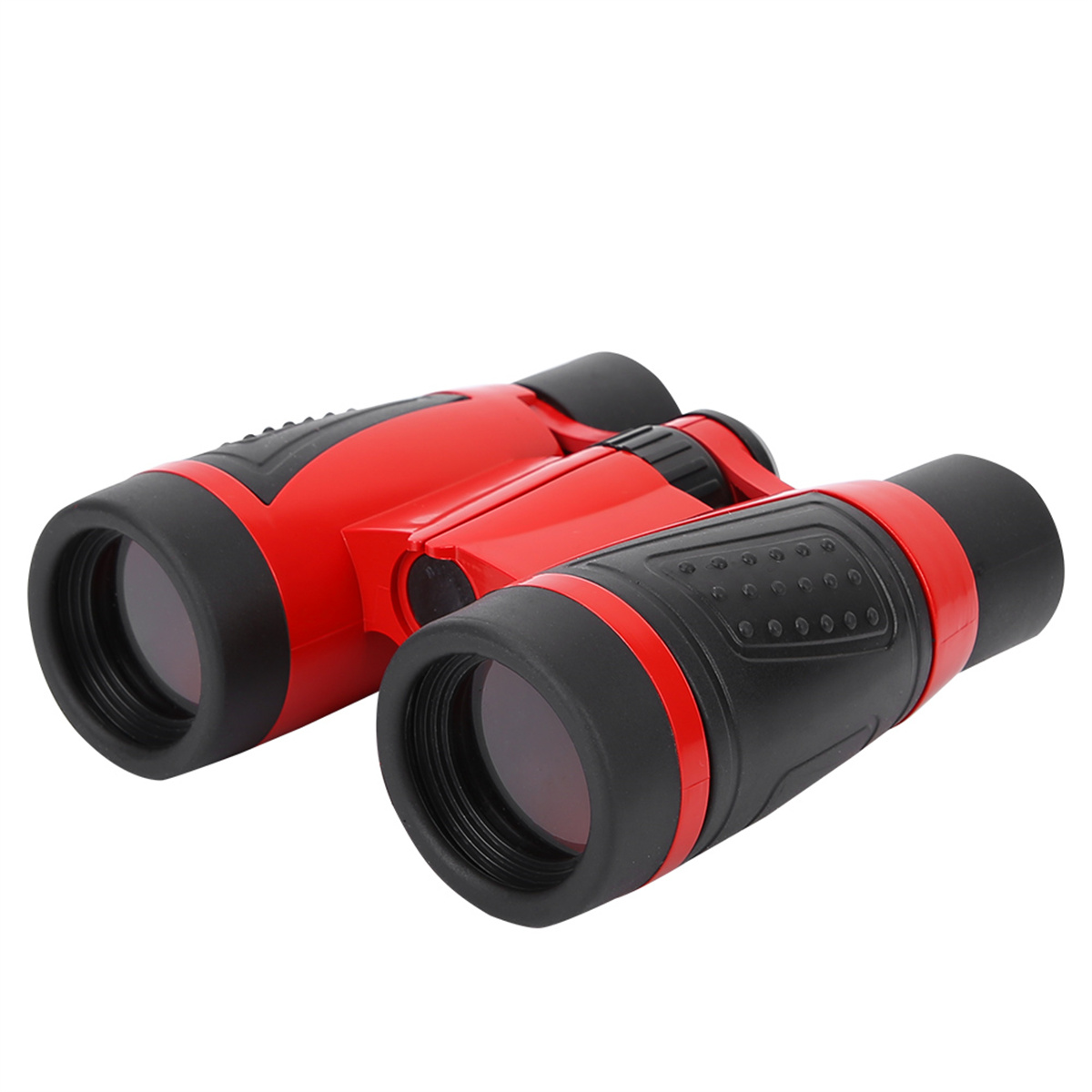 Rotes und schwarzes Fernglas, leicht angewinkelt, mit schwarzen Linsen und roten Akzenten.