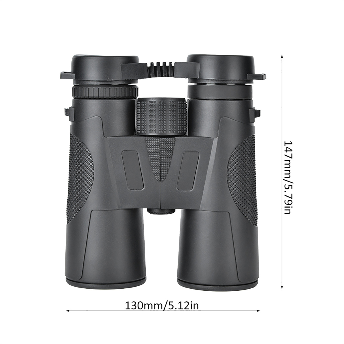 Schwarzes Fernglas mit Maßen: 130 mm/5,12 Zoll und 147 mm/5,79 Zoll.