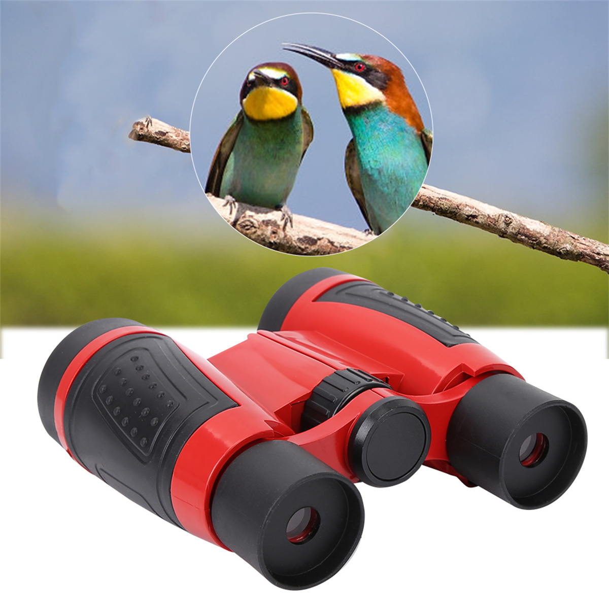 Rotes und schwarzes Fernglas mit Vögeln in einem Kreis darüber. Vögel sind bunt.
