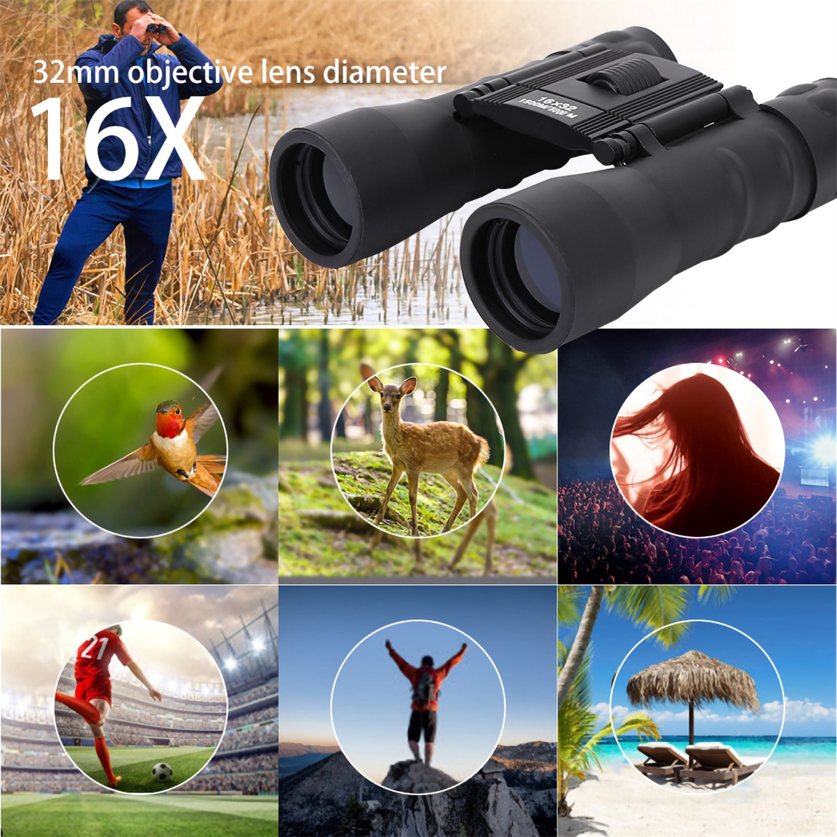 Fernglas und verschiedene Naturszenen: eine Person, ein Vogel, ein Reh, eine Menschenmenge, ein Fußballspiel und ein Strand.