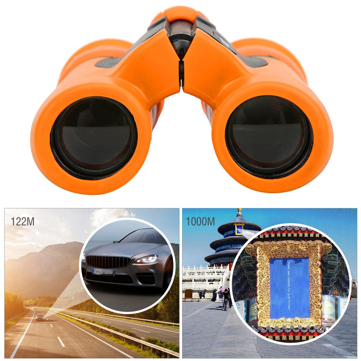 Orangefarbenes Fernglas mit Bildeinsätzen, die ein Auto und eine Straße sowie einen chinesischen Tempel zeigen.