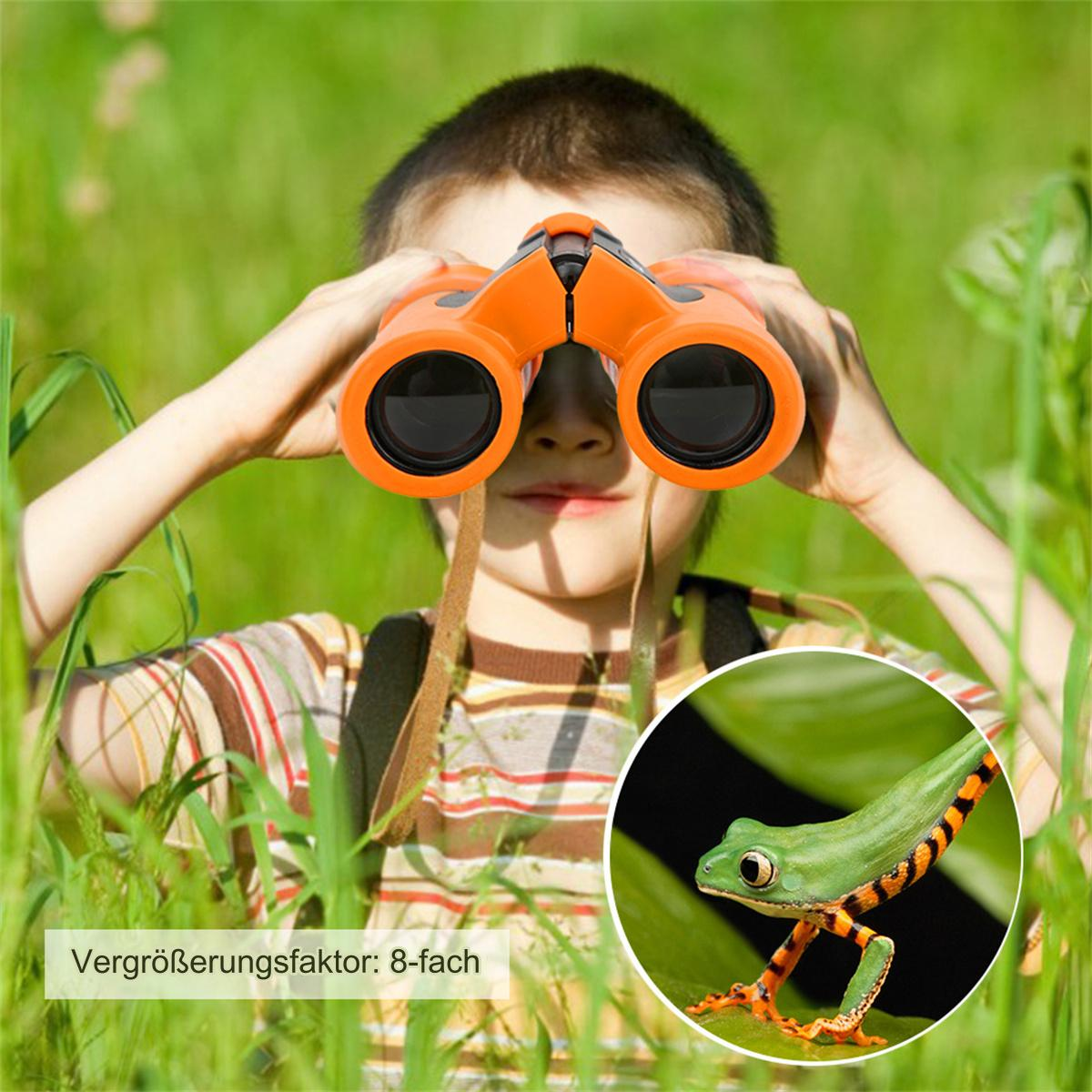 Ein Junge blickt durch orangefarbene Ferngläser auf einen Frosch, Text: 8-fache Vergrößerung.
