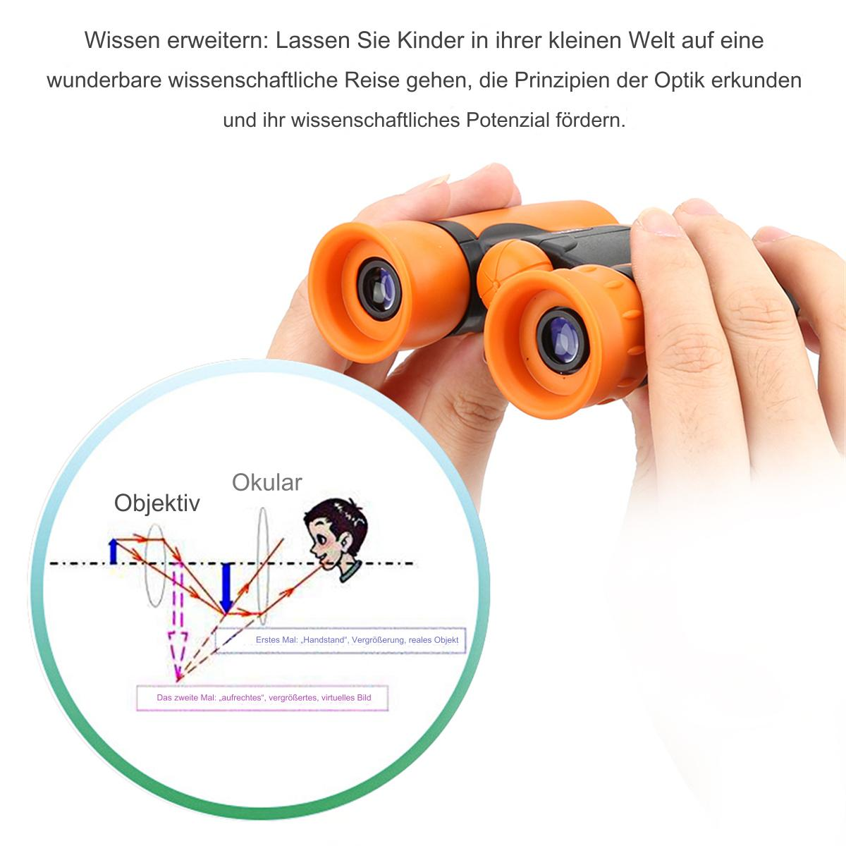 Ein Kind hält ein orangefarbenes und schwarzes Fernglas mit einem Diagramm zur Funktionsweise.