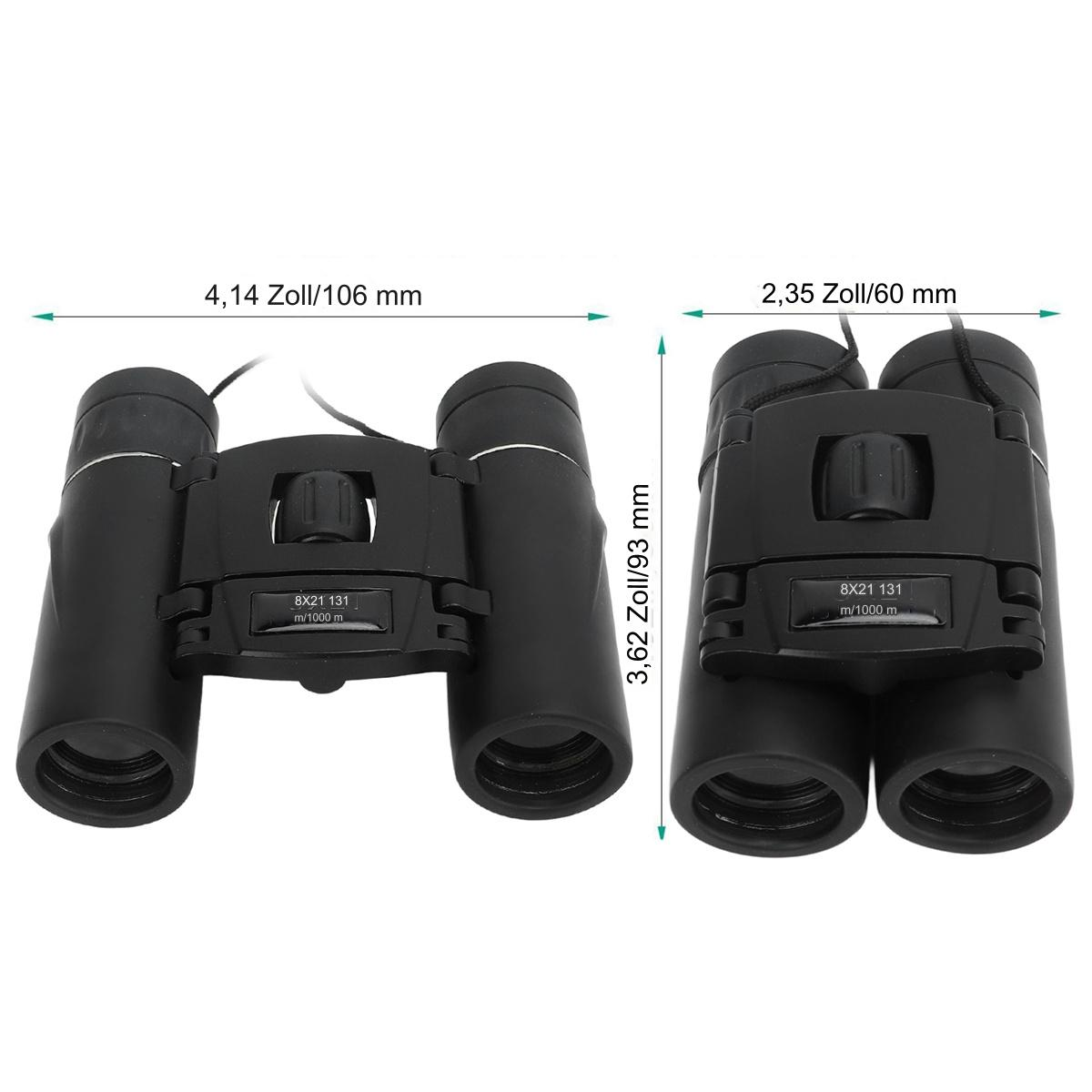 Schwarzes Fernglas, geöffnet und geschlossen, mit Messungen und Abmessungen durch Pfeile angezeigt.
