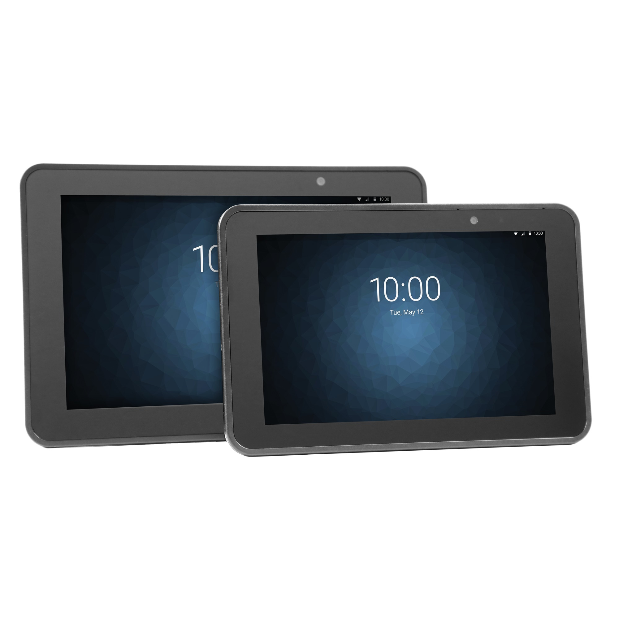 Due tablet neri con schermi che mostrano le 10:00, su una superficie bianca con uno sfondo scuro.