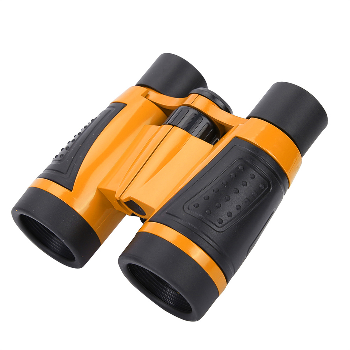 Orange-schwarzes Fernglas auf weißem Hintergrund. Schwarze Gummi-Griffe.