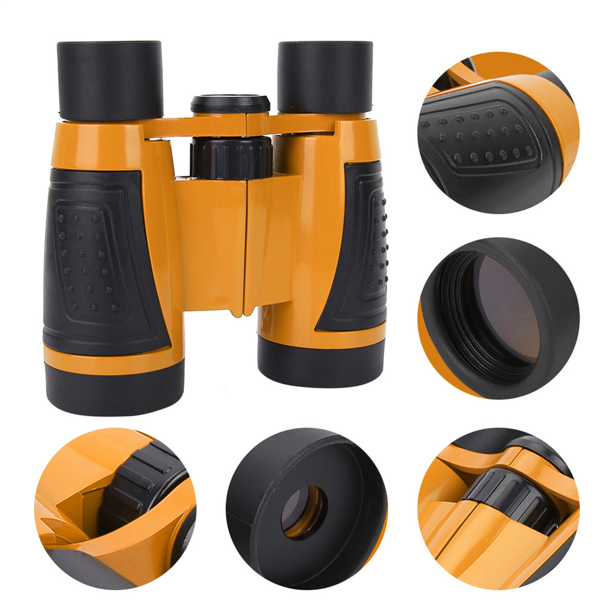Orange-schwarzes Fernglas, mit Nahaufnahmen von Linsen und Einstellrädern. Weißer Hintergrund.