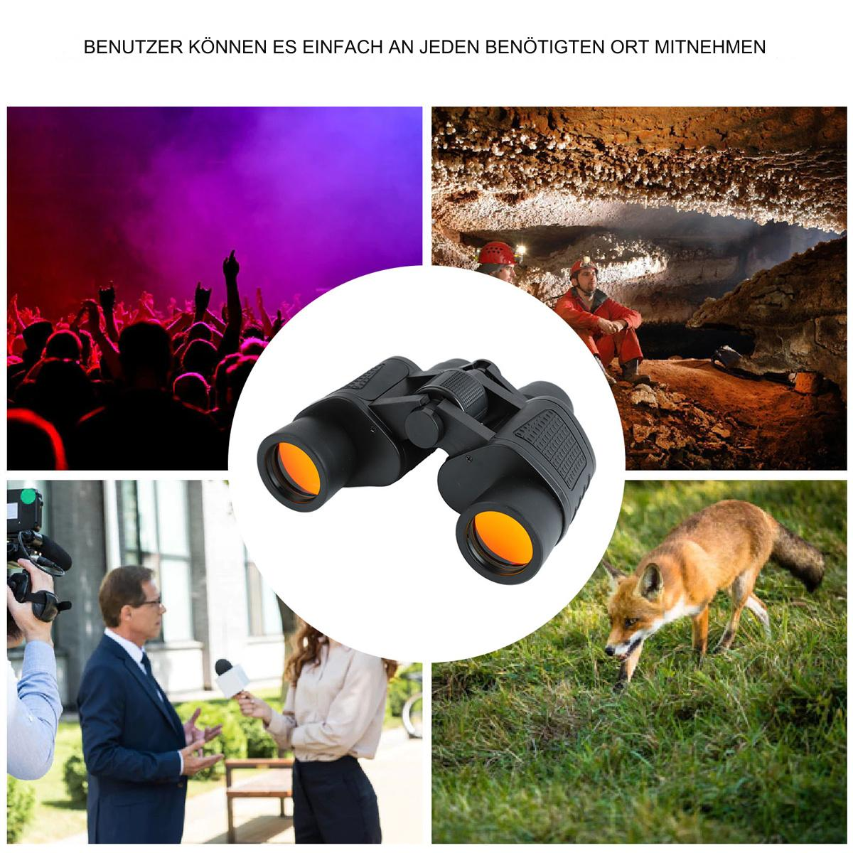 Fernglas, Menschen bei einem Konzert, in einer Höhle, Fuchs im Gras, Menschen bei einer Pressekonferenz.