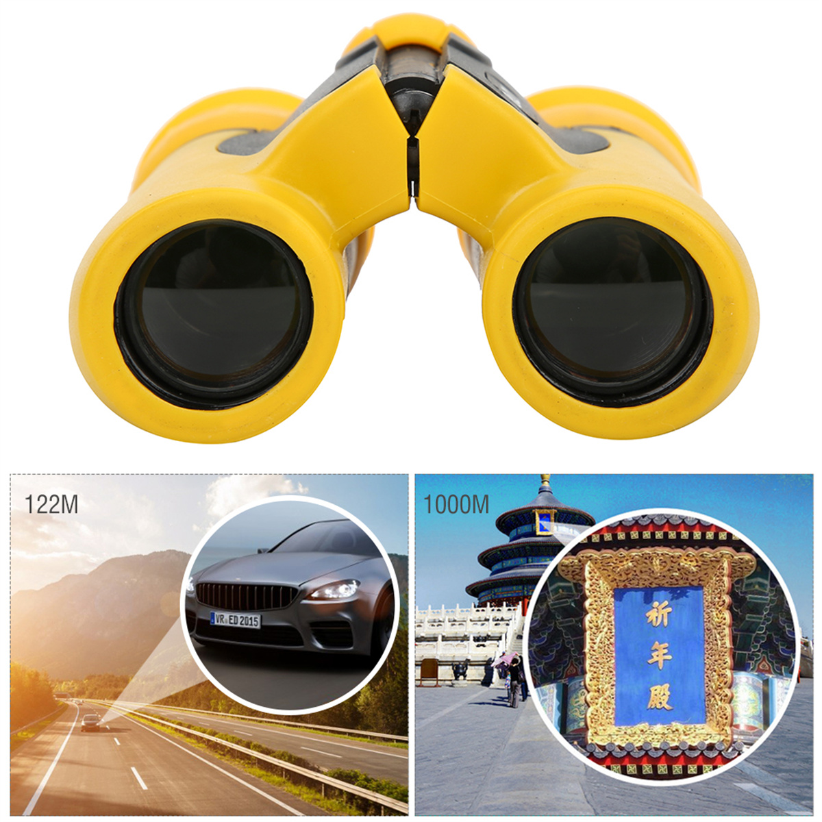 Gelbes Fernglas, zwei eingesetzte Bilder eines Autos auf einer Straße und eines Tempelgebäudes.