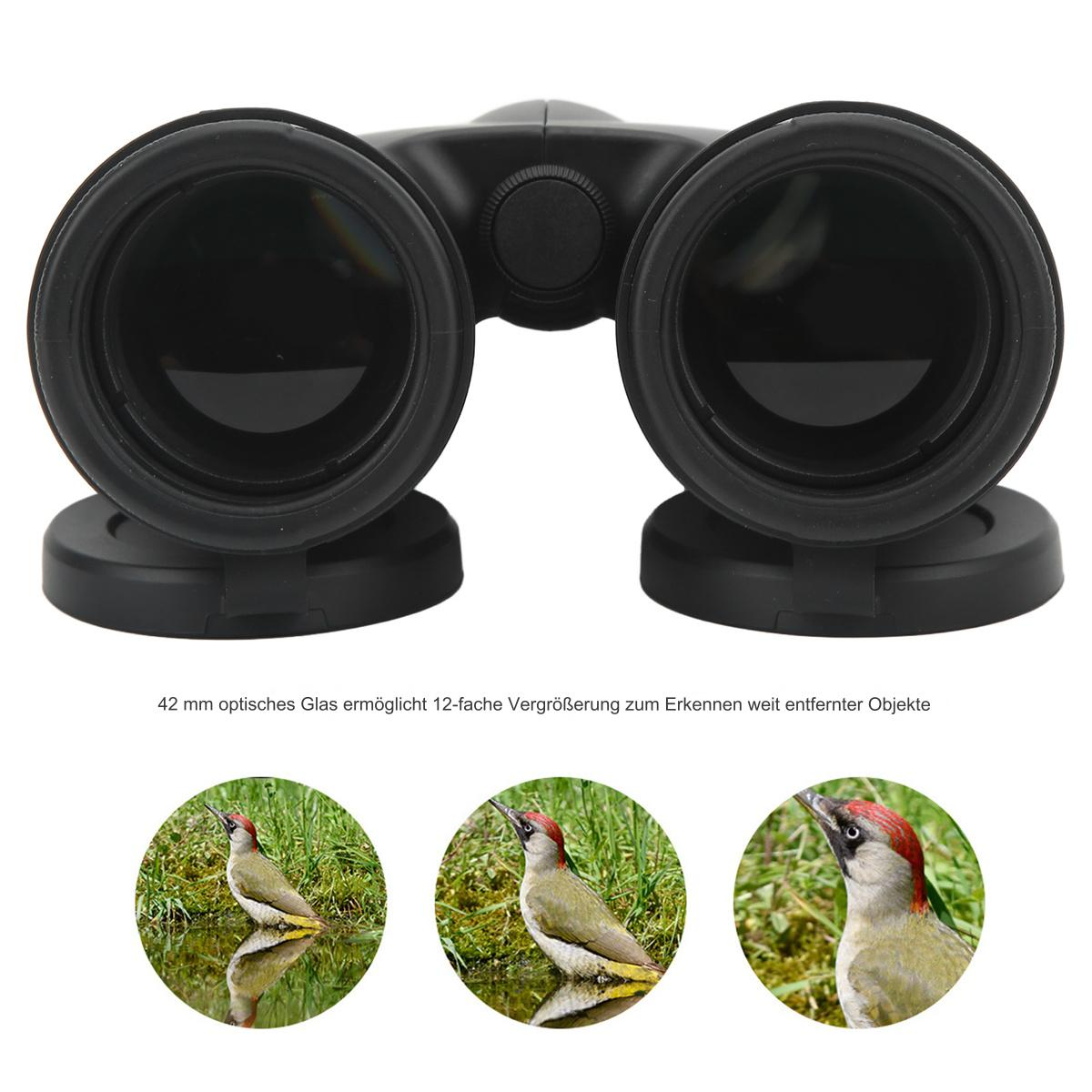Fernglas mit drei Bildern eines Vogels. Das Fernglas ist schwarz mit schwarzen Linsen.