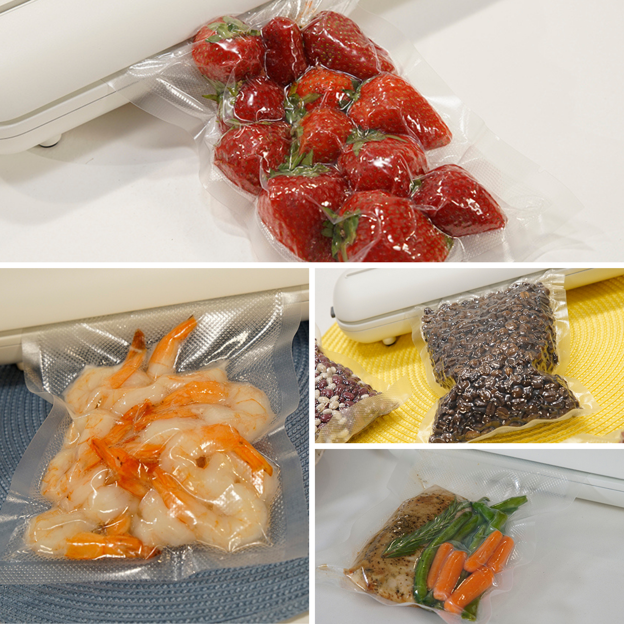 Vakuumversiegelte Beutel mit Erdbeeren, Garnelen, Bohnen sowie Hähnchen und Gemüse.