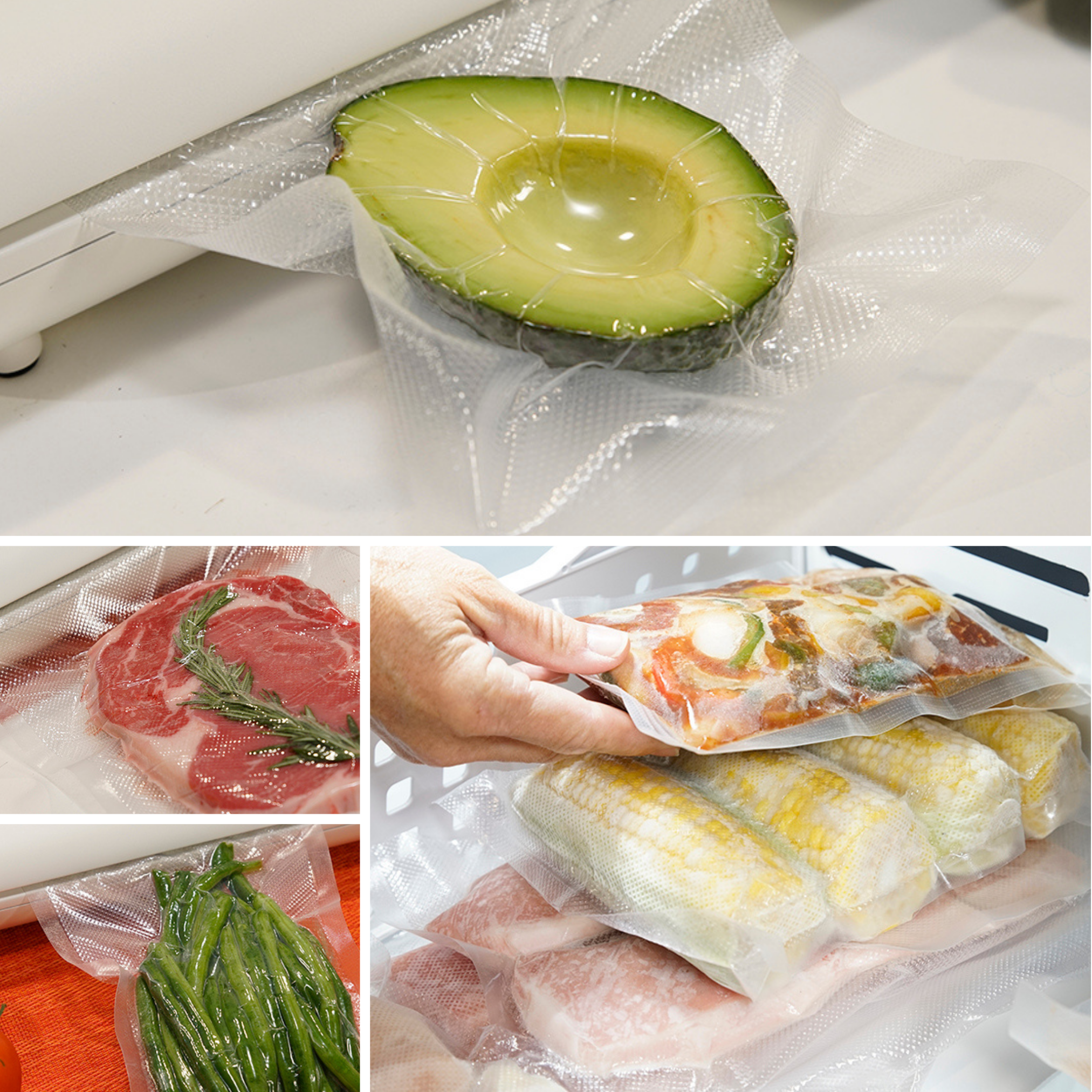 Vakuumverpackte Lebensmittel: Avocado, Steak, Gemüse und Mais in durchsichtigen Plastiktüten.