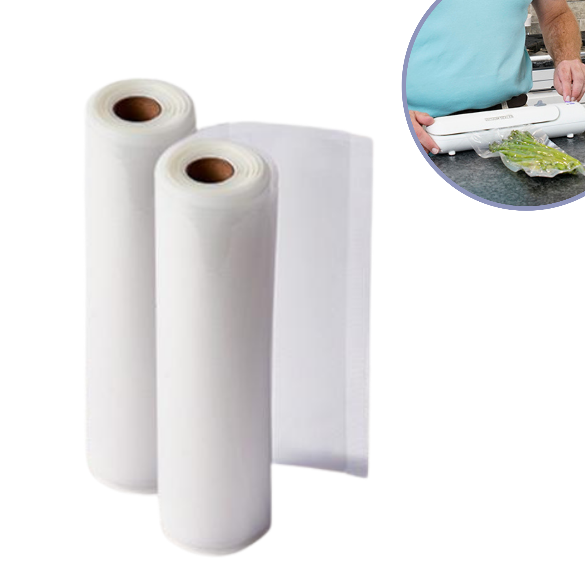 Zwei Rollen weißer Kunststoffverpackung mit einem Blatt desselben Materials.
