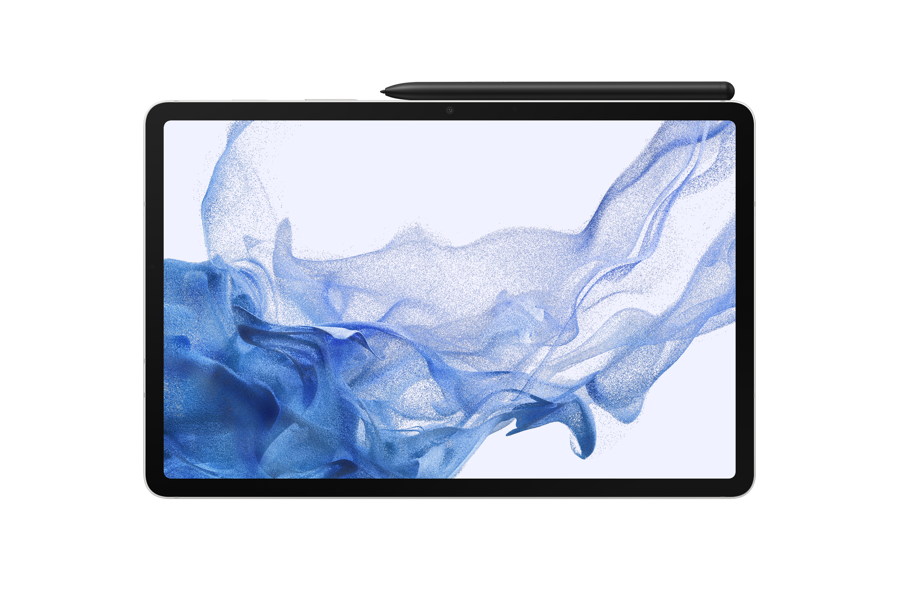 Tablet z piórem na górze. Ekran wyświetla niebiesko-biały abstrakcyjny wzór.
