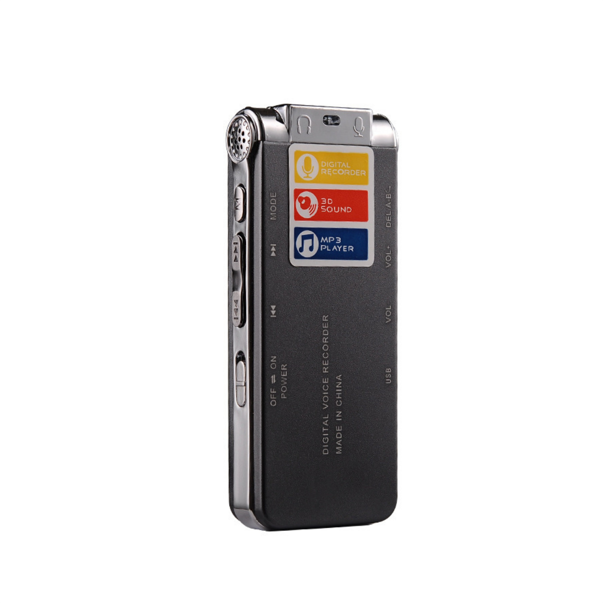 Kleiner schwarzer Sprachrekorder mit Knöpfen und Bildschirm. Mit Aufschrift 'Digital Voice Recorder'.