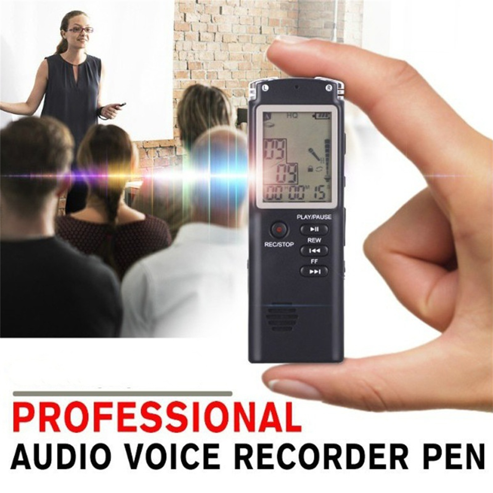 Eine Hand hält einen schwarzen Audio-Recorder-Stift. Im Hintergrund steht ein Lehrer. Text: 'PROFESSIONAL'.