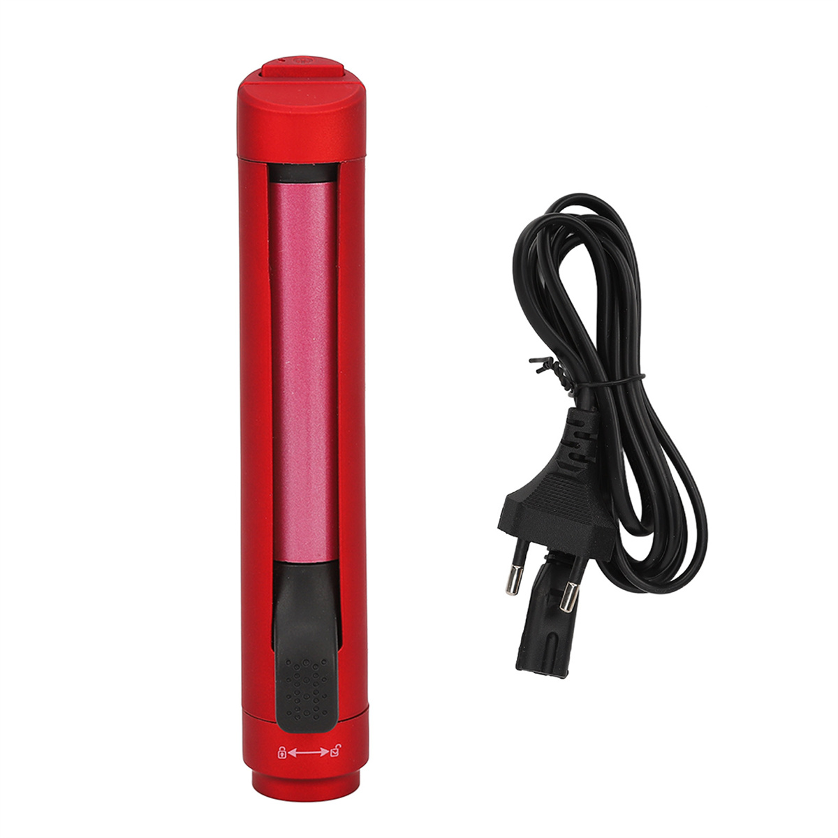 Ein roter Haarglätter mit schwarzem Netzkabel. Der Glätter ist geschlossen und hat einen Knopf.