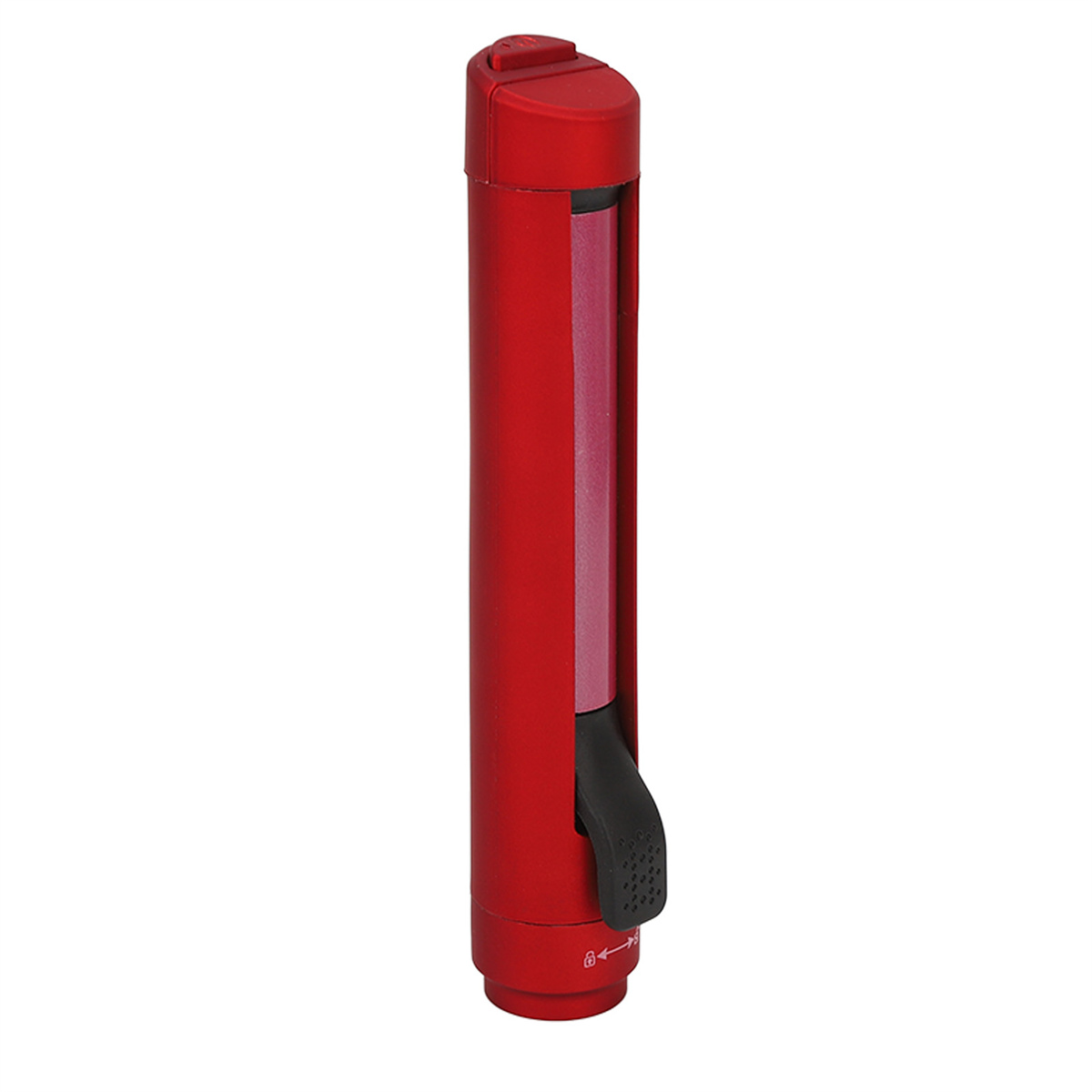 Rotes zylindrisches Werkzeug zum Schärfen. Schwarzer Hebel zum Öffnen und Schließen.