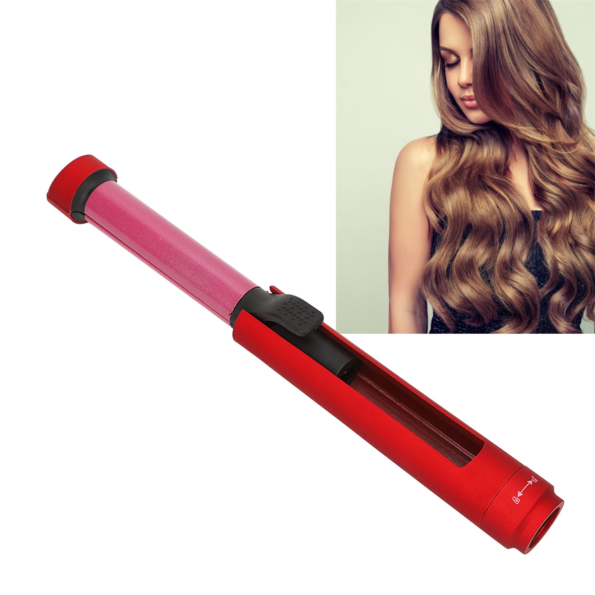 Roter Lockenstab mit Bild einer Frau mit langen, welligen Haaren im Hintergrund.