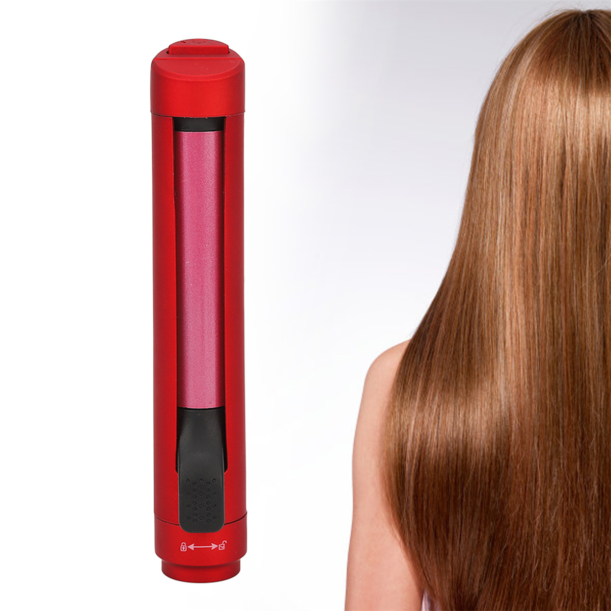 Ein roter Haarglätter. Der Glätter befindet sich neben dem Haar einer Frau, das lang und glatt ist.