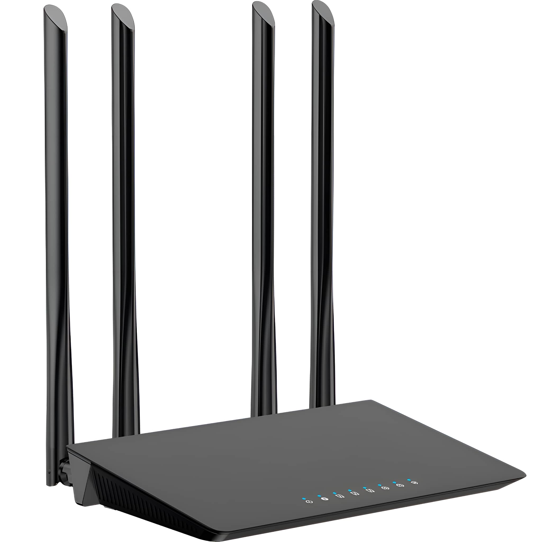 Schwarzer Router mit vier schwarzen Antennen. Er hat mehrere blaue LED-Leuchten vorne.