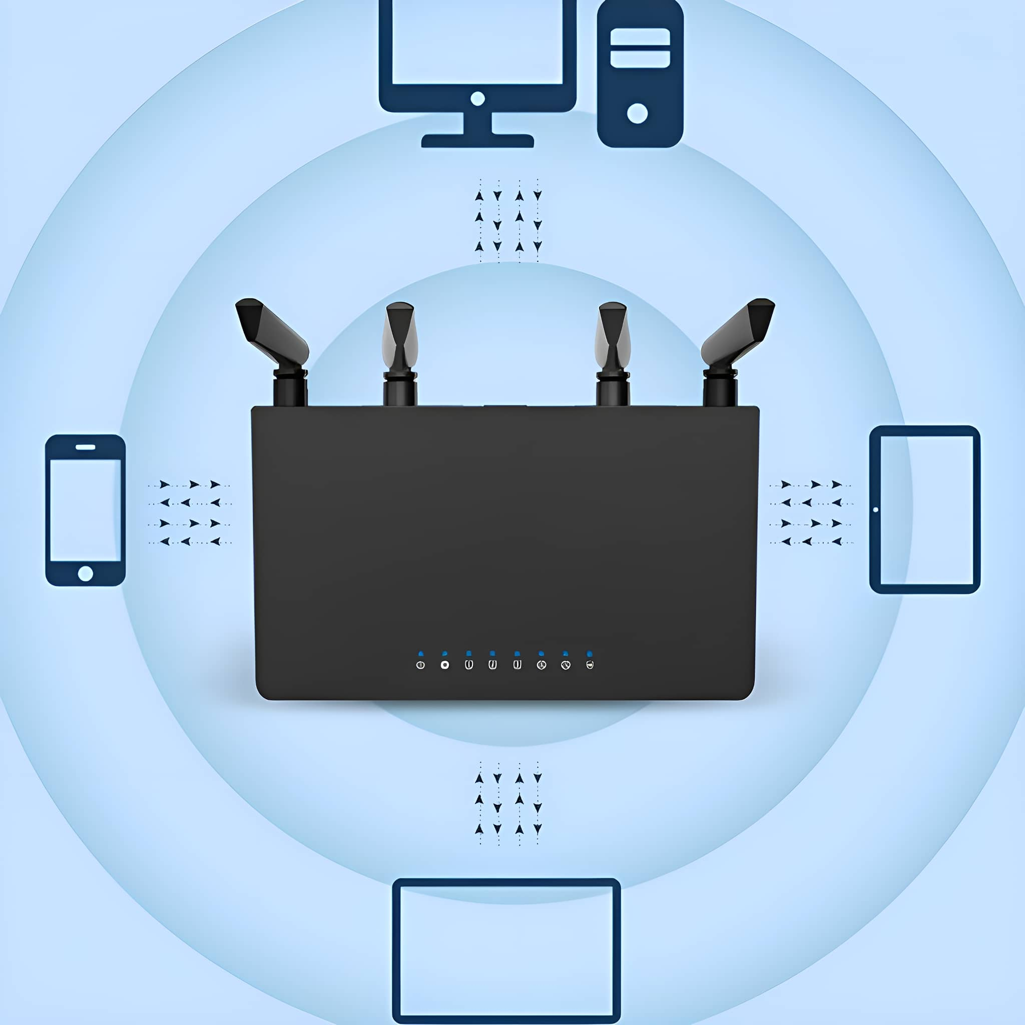 Schwarzer Router mit Antennen, umgeben von Symbolen verbundener Geräte auf blauem Hintergrund.