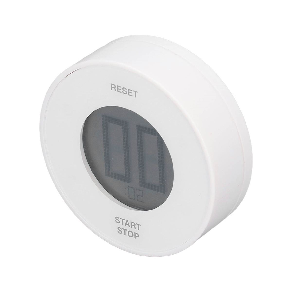 Weißer digitaler Küchentimer mit Anzeige 00:02. Start/Stop-Taste.
