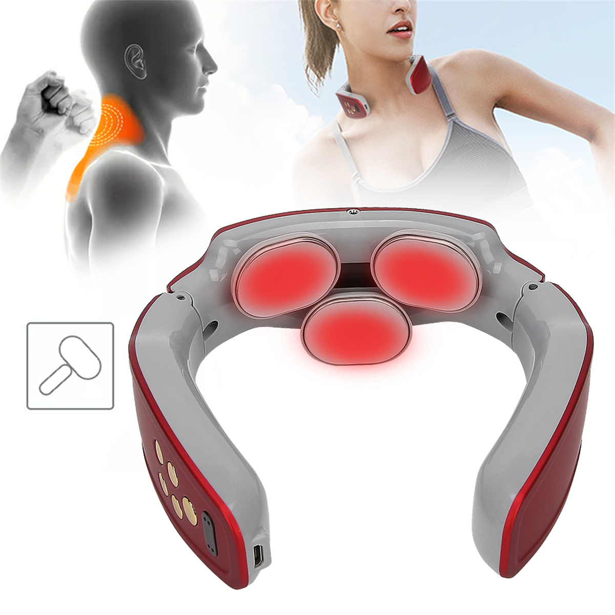 Nackenmassagegerät mit roten Lichtern. Eine Person und ein Diagramm zeigen den Massagebereich.