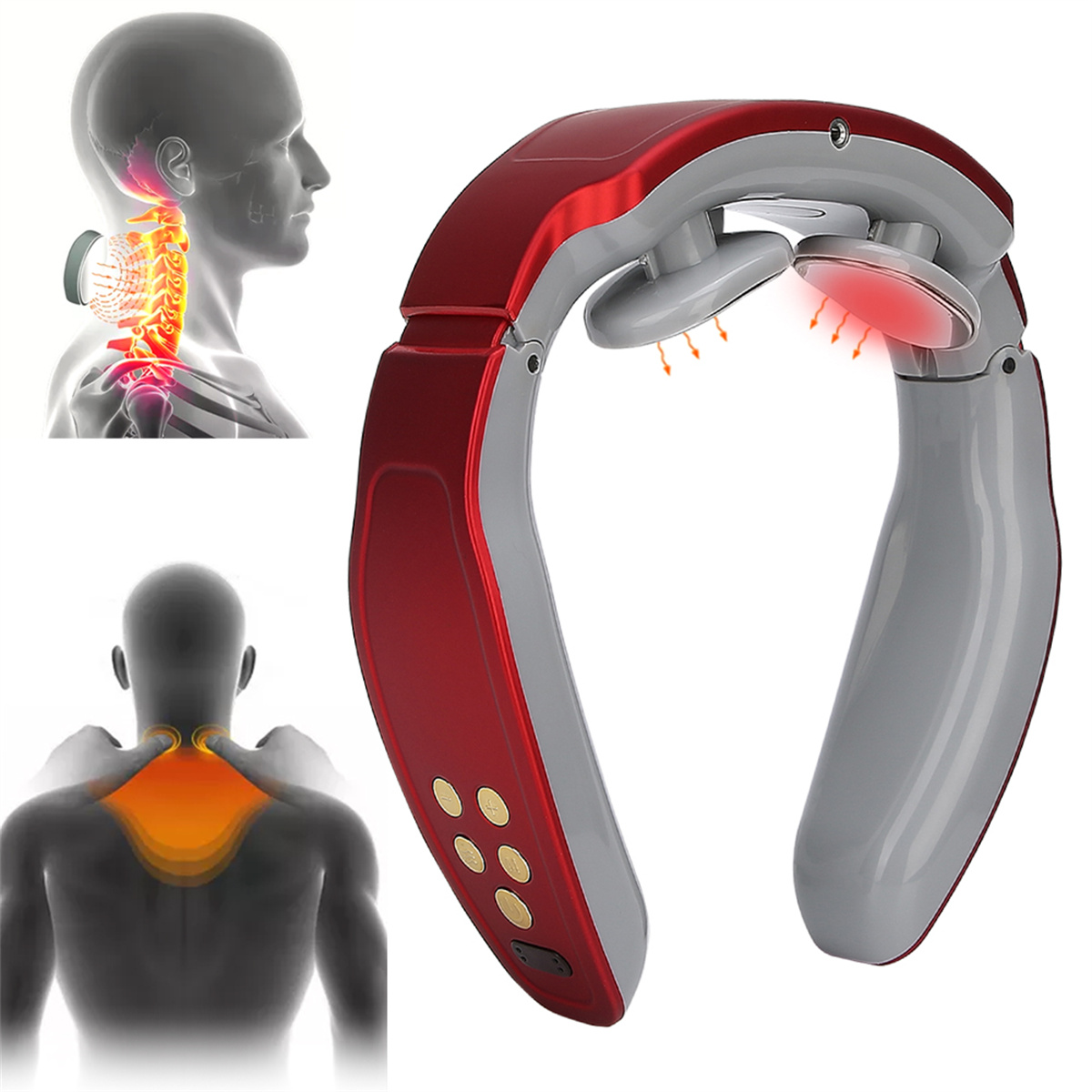 Nackenmassagegerät mit rot-grauem Design, Diagramme von Hals- und Schmerzbereichen.
