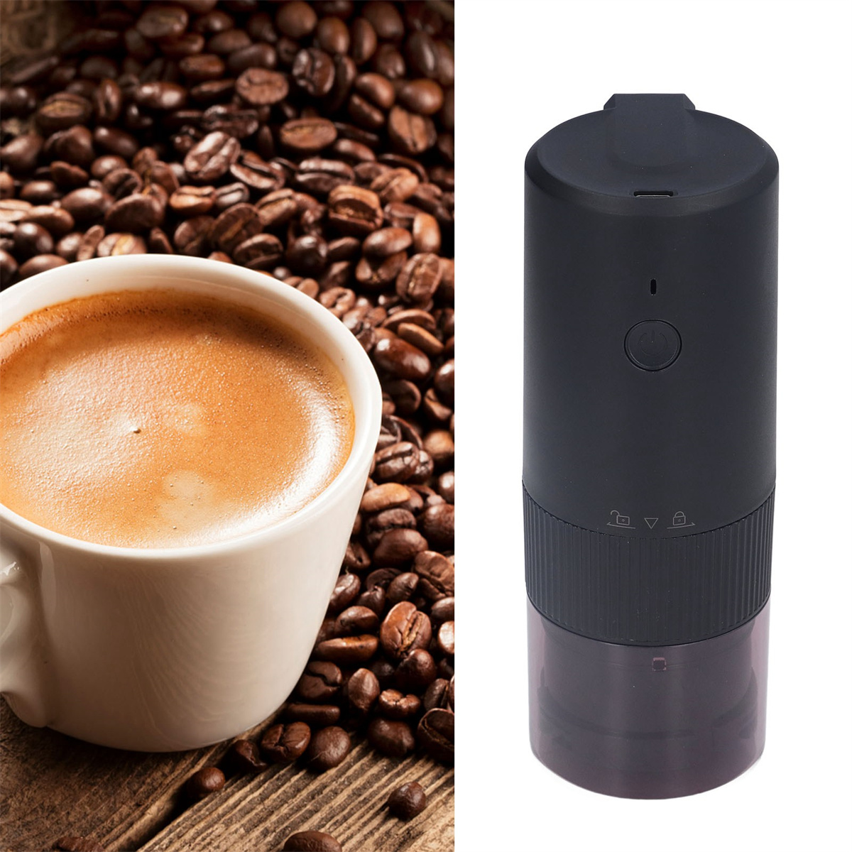 Kaffee in einer weißen Tasse mit Bohnen und einem schwarzen elektrischen Kaffee.