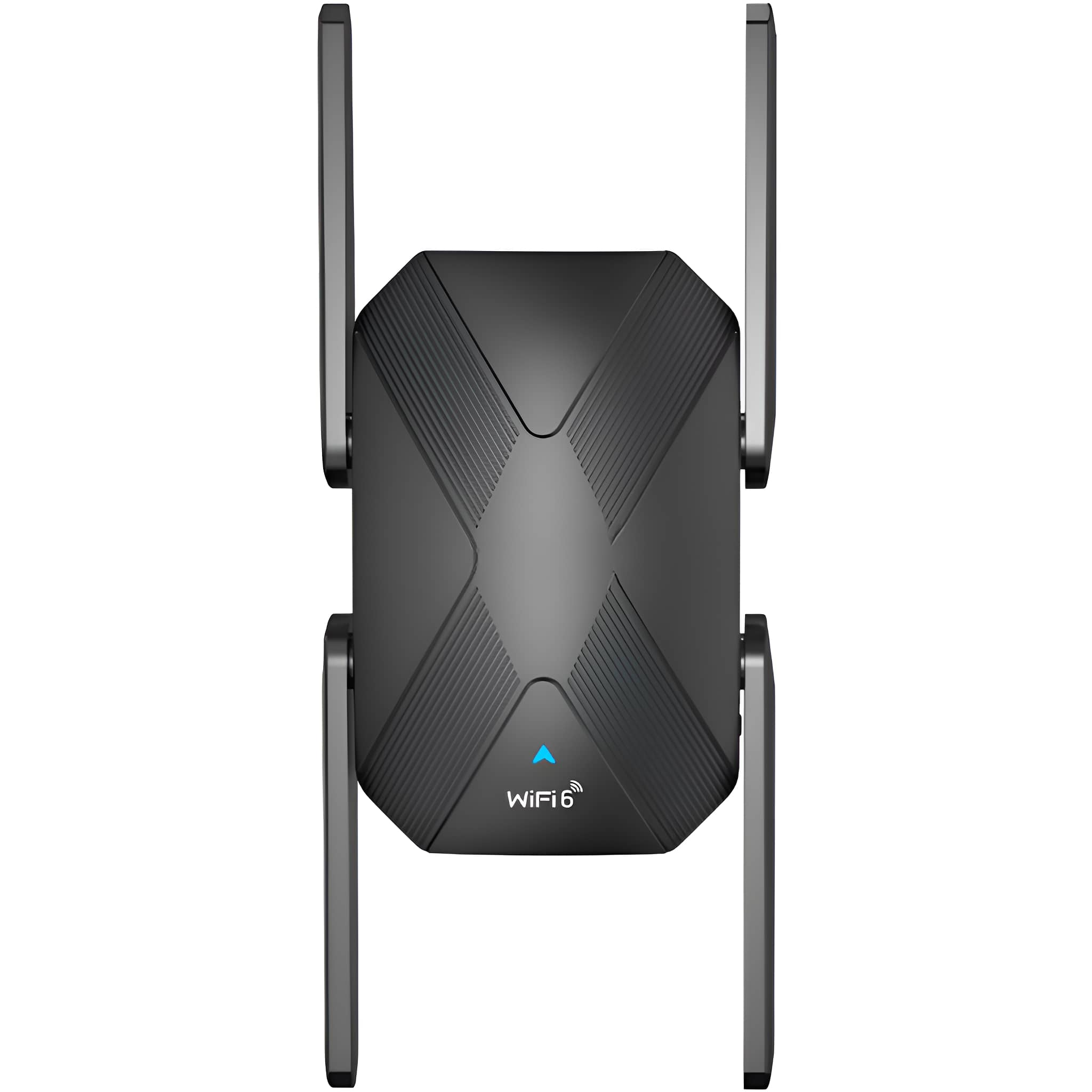 Schwarzer WiFi 6 Router mit zwei Antennen. Der Router hat ein blaues Licht.