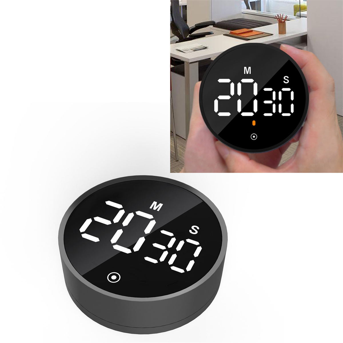 Schwarzer Timer mit digitaler Anzeige, in der Hand gehalten und auf einem Tisch.