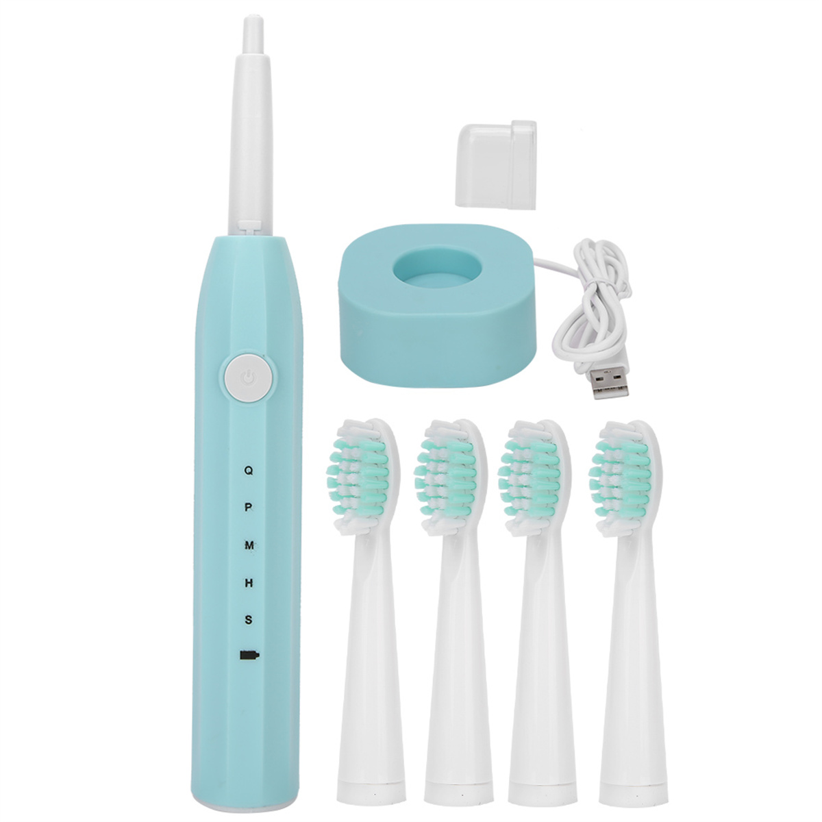 Ein elektrisches Zahnbürstenset: blauer Griff, Bürstenköpfe, Ladestation und Kabel.