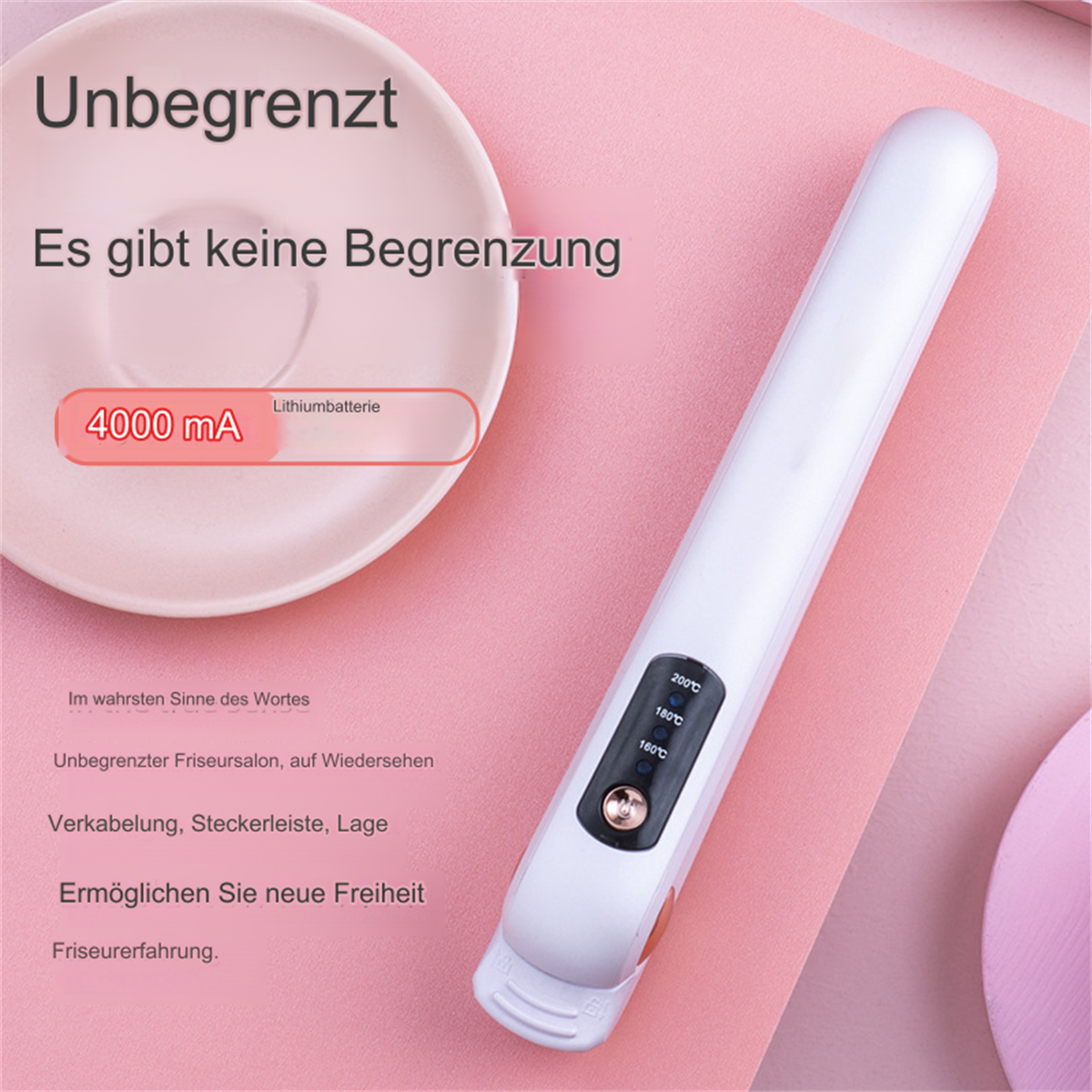 Weißer Haarglätter mit Temperatureinstellungen auf rosa Hintergrund, Marketingtext auf Deutsch. Enthält eine Platte.