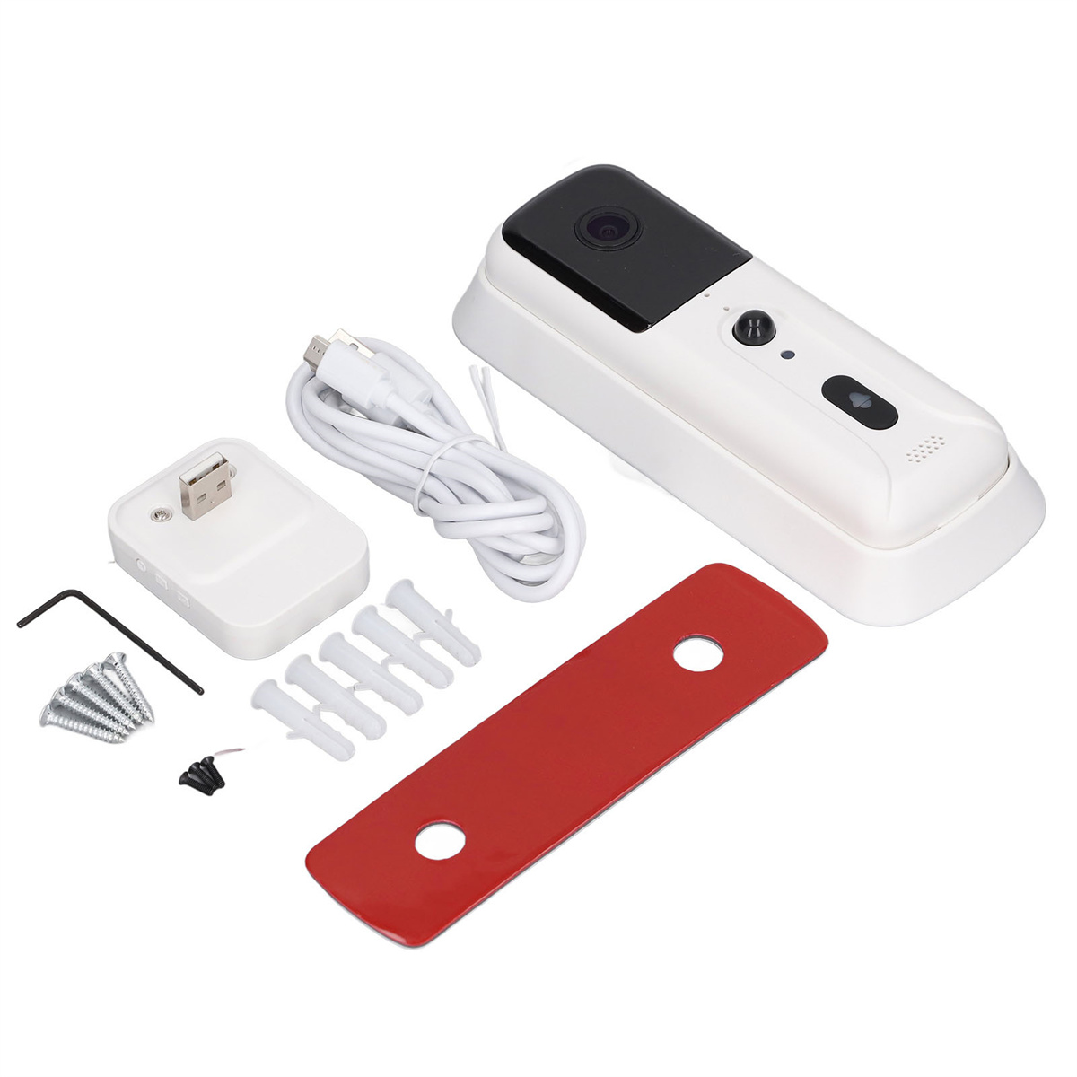 Weißes Türklingel-Set mit Ladegerät, Montagematerial und anderem Zubehör.