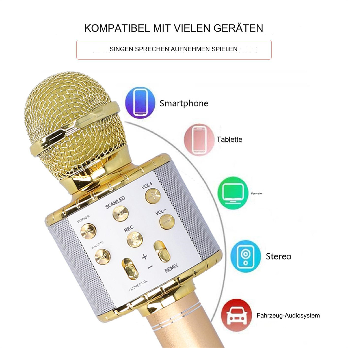 Ein goldenes Mikrofon mit Knöpfen, Symbolen und Text, der die Kompatibilität mit verschiedenen Geräten anzeigt.