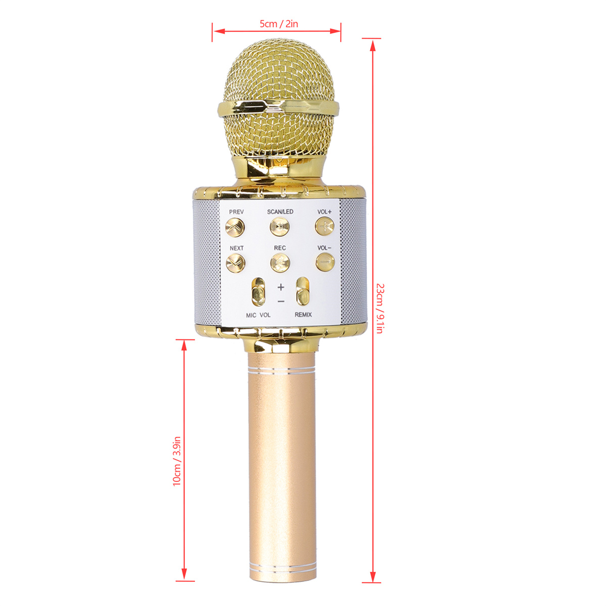 Goldenes Mikrofon mit beschrifteten Abmessungen, auf weißem Hintergrund.