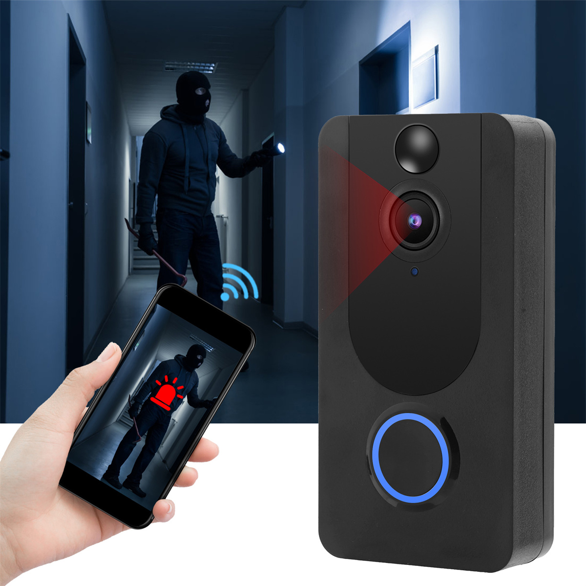 Eine Überwachungskamera und ein Telefon, das einen Einbrecher zeigt. Eine Person mit Taschenlampe im Flur.
