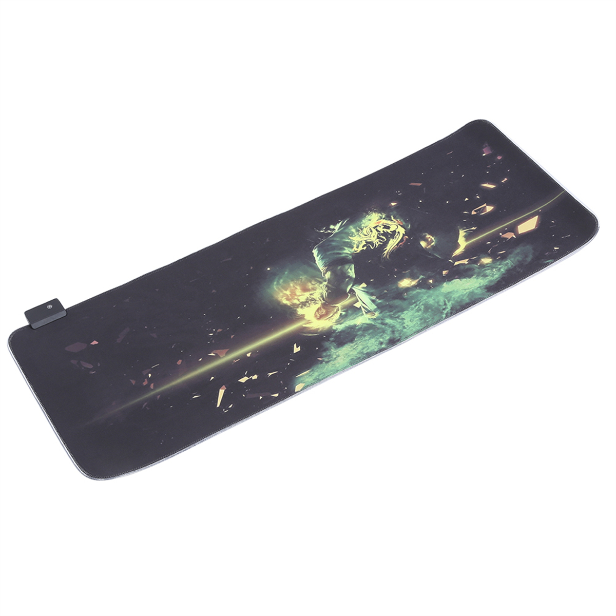 Großes Mousepad mit einer bunten Grafik. Eine Person mit Flammen ist in der Mitte.