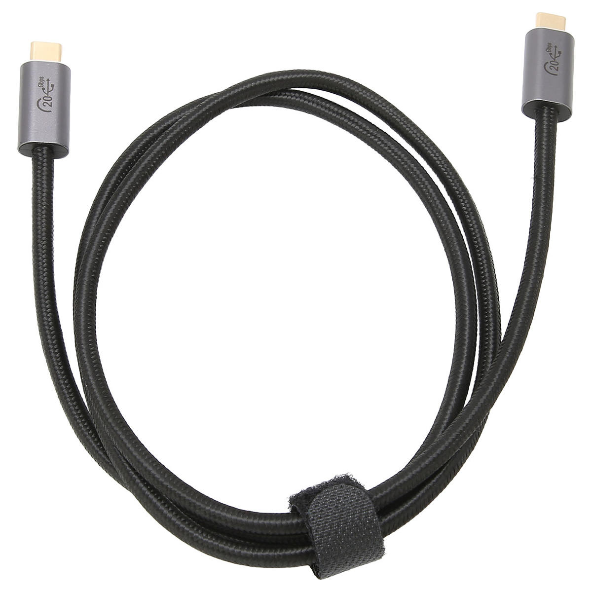 Ein schwarzes USB-C-Kabel mit grauen Anschlüssen.