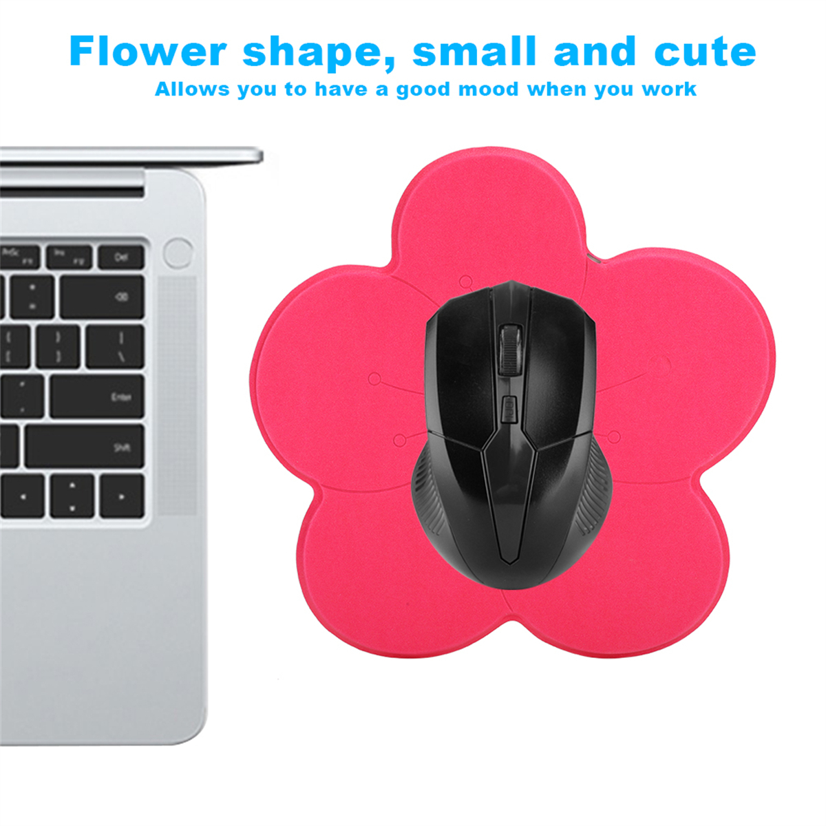 Rosa blütenförmiges Mauspad mit schwarzer Maus und Laptop.