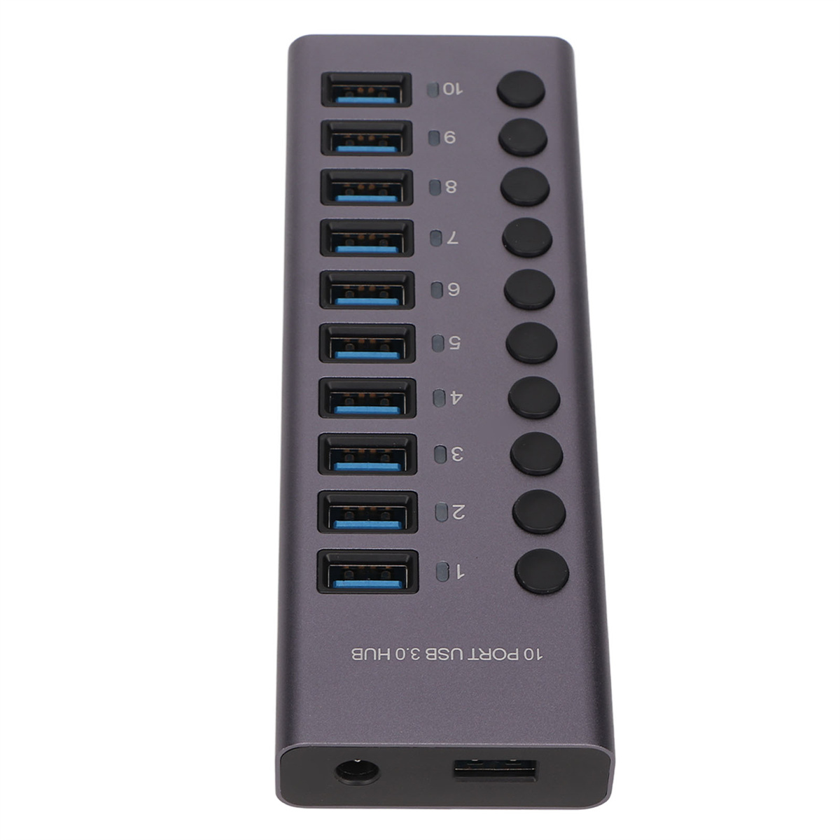 Ein 10-Port-USB-3.0-Hub in einem grauen Metallgehäuse.