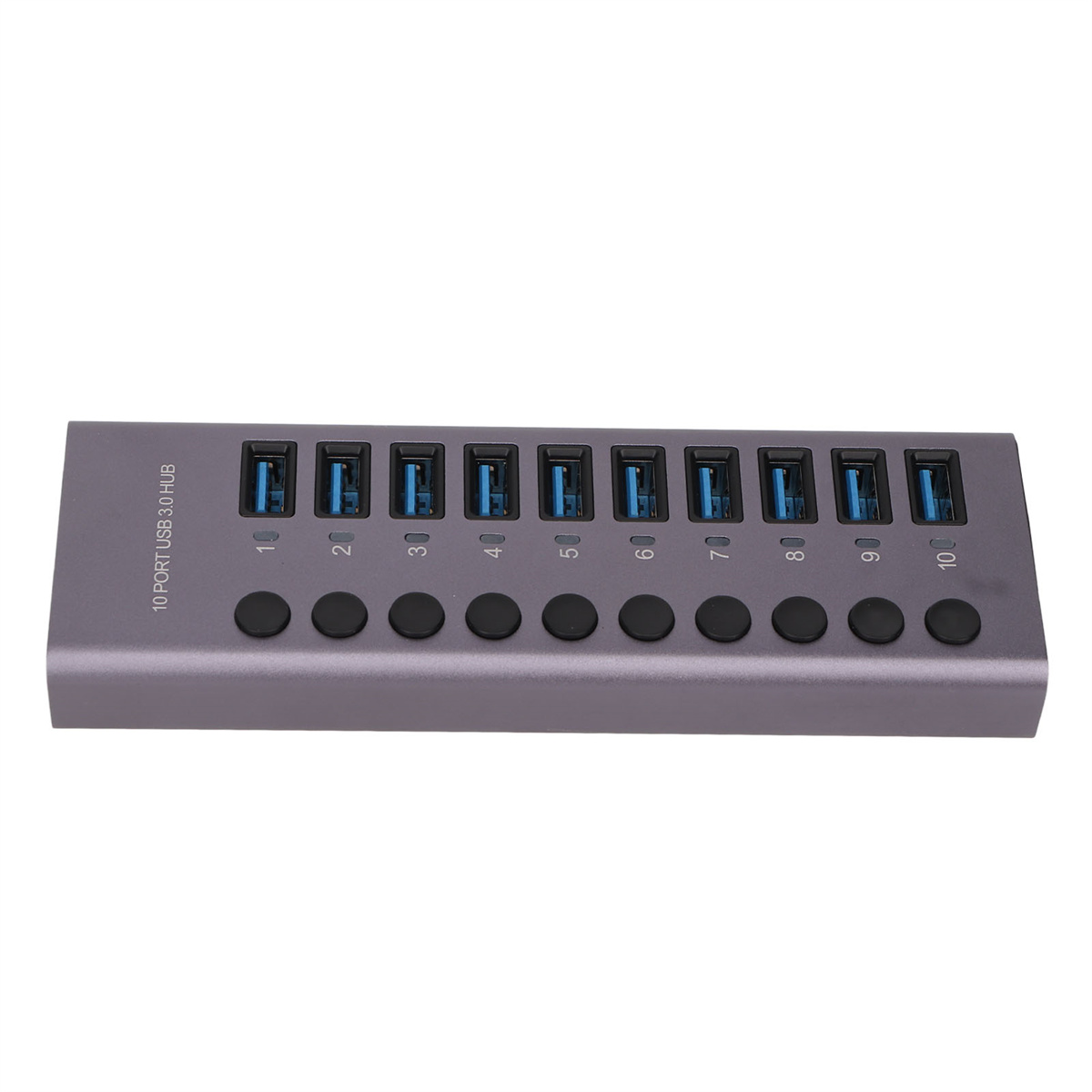 Grauer USB-Hub mit 10 Anschlüssen. Nummeriert von 1-10. Schwarze Knöpfe unter den Anschlüssen. Weißer Hintergrund.