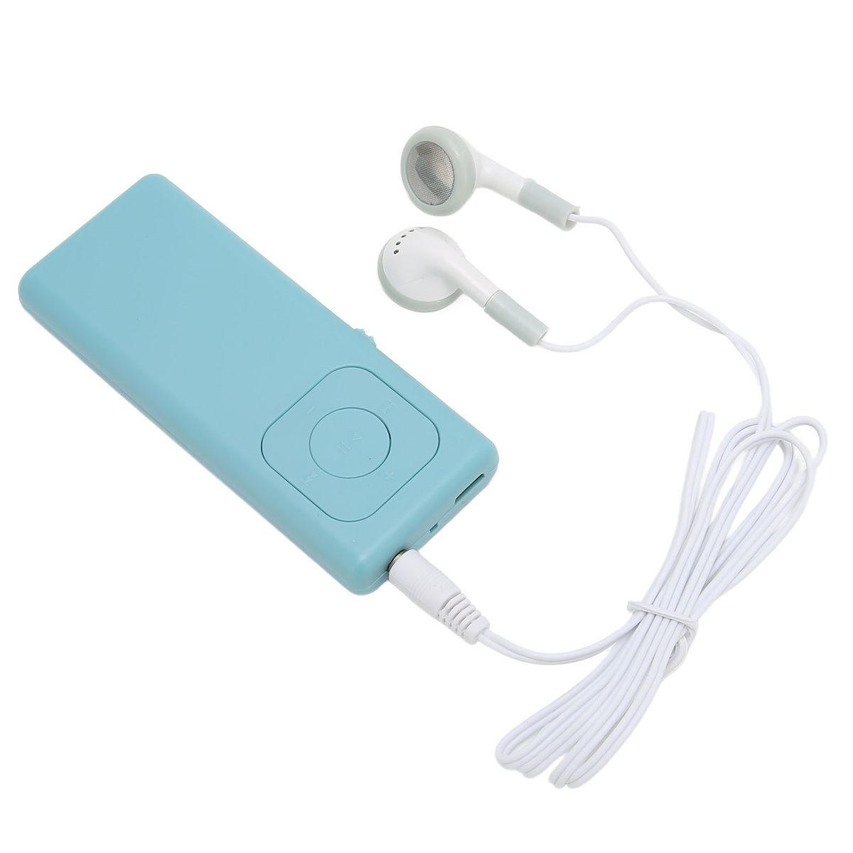 Hellblauer MP3-Player mit weißen Ohrhörern. Mit Ein-/Aus-Taste und Kopfhöreranschluss. Weißer Hintergrund.