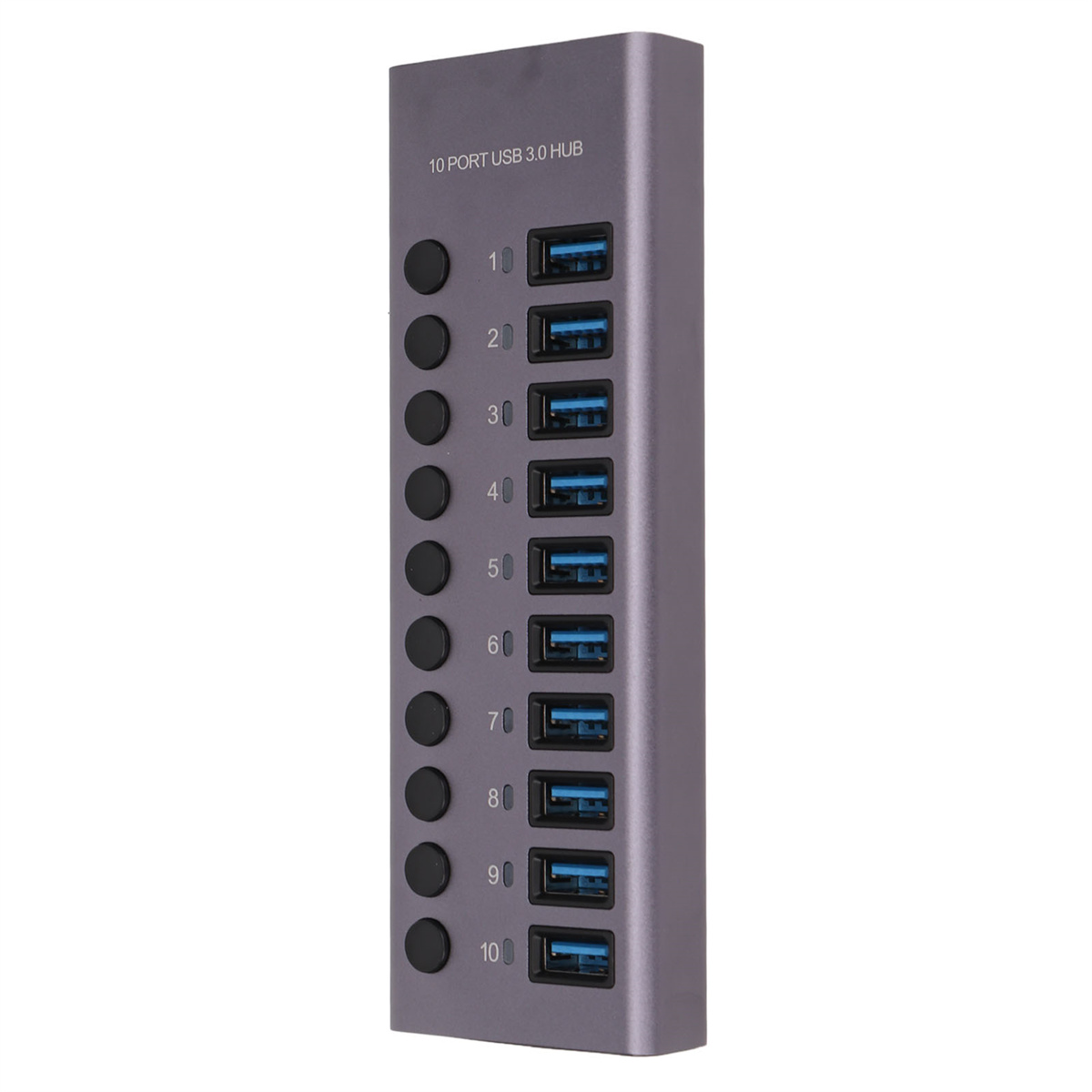 Ein dunkelgrauer USB-Hub mit zehn USB-Anschlüssen. Jeder Anschluss hat einen blauen Einsatz und eine Taste.